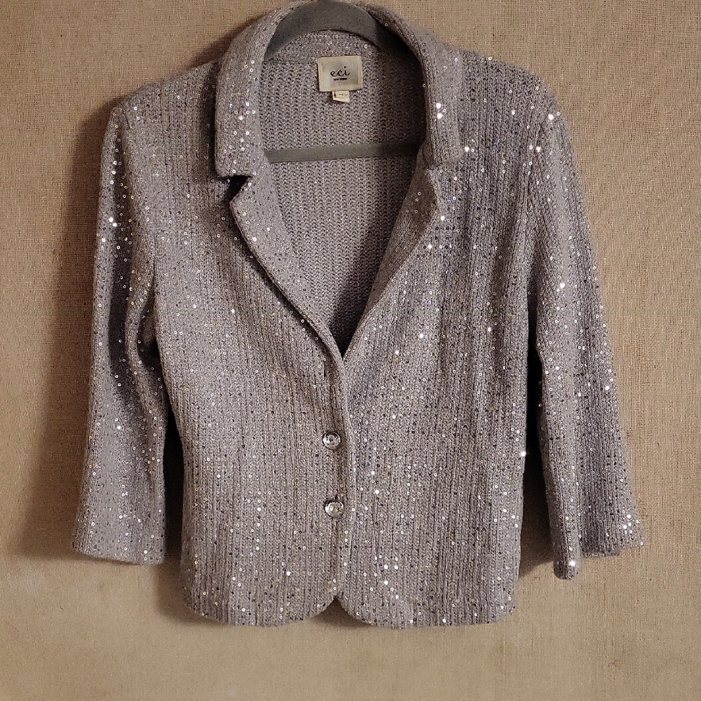 ECI Silver Holiday Sequin Fitted Stretch Bracelet Sleeve length Blazer